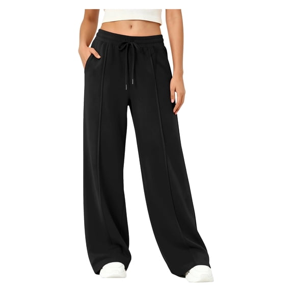 Womens Wide Leg Sweatpants Baggy Fall Lounge Sweat Pants | Cotton Blend Wide Leg Pants with Pockets and Drawstring Waist Black S