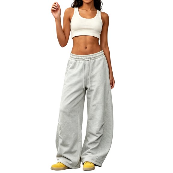 Womens Wide Leg Sweatpants Baggy Lounge Barrel Pants Fall Fashion Soft Thick Fabric Knee Dart Silhouette Slant Side Pockets Metal Tip Drawstring Light Gray M
