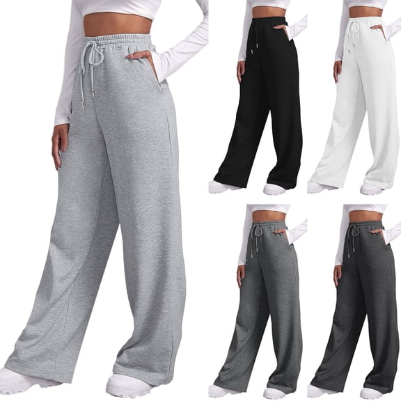 HOWPAY Womens Wide Leg Sweatpants Elastic High Waist Drawstring Lounge Pants with Pockets Lightweight Loose Fit Straight Trousers for Yoga Running White XXL