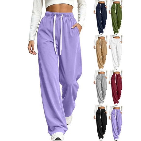 Womens Wide Leg Sweatpants,Elastic High Waist Drawstring,Solid Color Casual Loose Straight Leg Pants with Side Pockets for Vacation and Travel