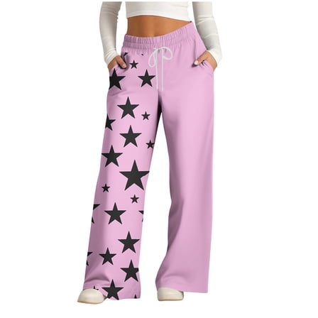 Womens Wide Leg Sweatpants Fashion Stars Print Patchwork High Waisted Baggy Lounge Pants Athletic Flared Joggers