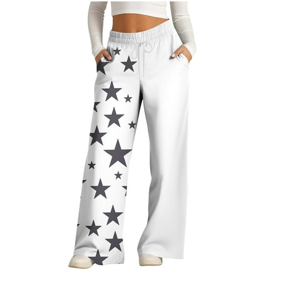 Womens Wide Leg Sweatpants Fashion Stars Print Patchwork High Waisted Baggy Lounge Pants Athletic Flared Joggers