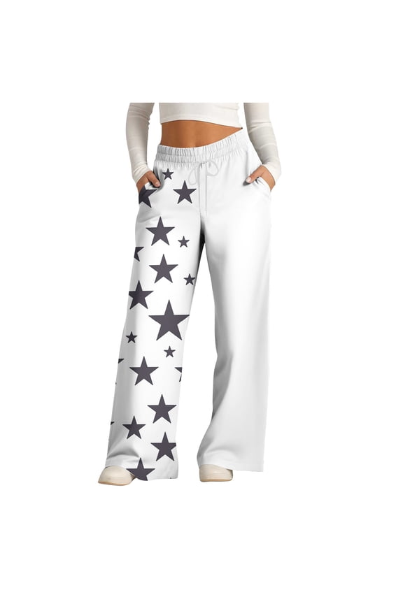 Womens Wide Leg Sweatpants Fashion Stars Print Patchwork High Waisted Baggy Lounge Pants Athletic Flared Joggers