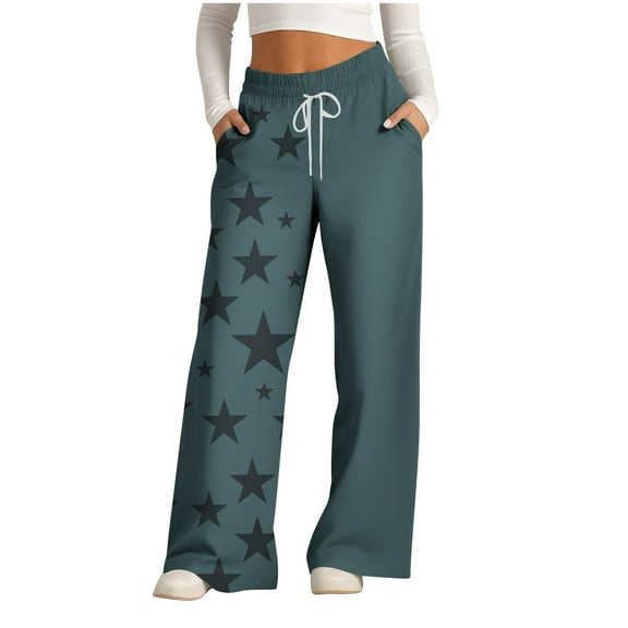 Womens Wide Leg Sweatpants Fashion Stars Print Patchwork High Waisted Baggy Lounge Pants Athletic Flared Joggers