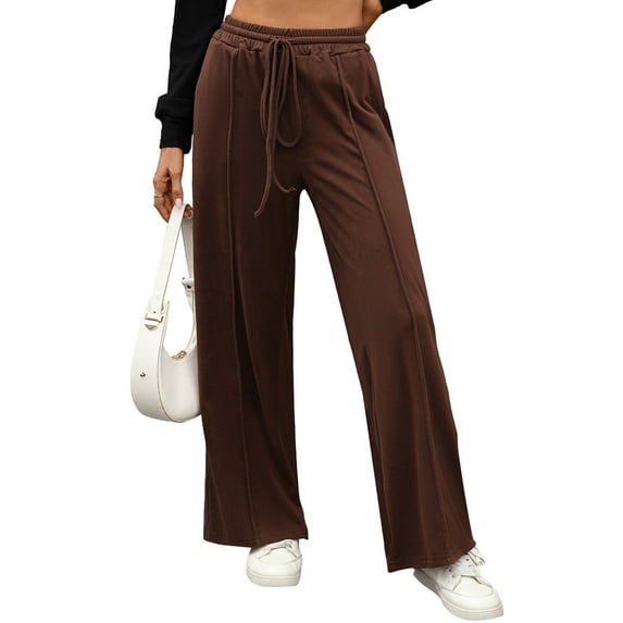 Womens Wide Leg Sweatpants High Waisted Baggy Pants Drawstring Athletic Joggers Coffee Color XL