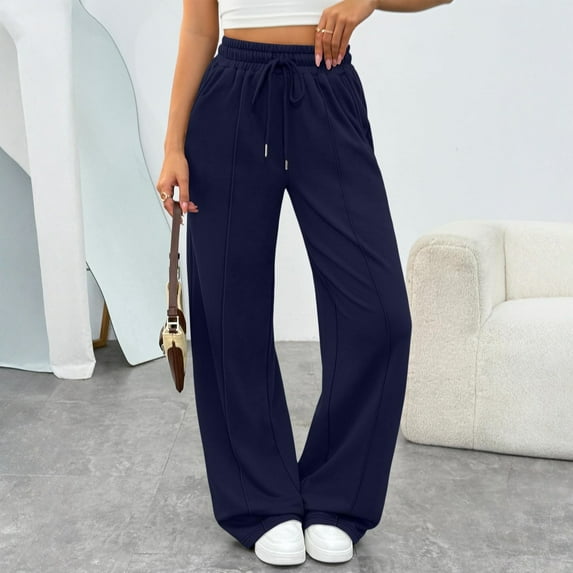 Womens Wide Leg Sweatpants High Waisted Baggy Pants Fashion Teen Girl Drawstring Athletic Joggers Dark Blue L