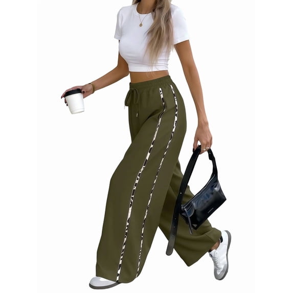 Womens Wide Leg Sweatpants High Waisted Baggy Sweat Pants Active Striped Track Pants with Pockets Green L