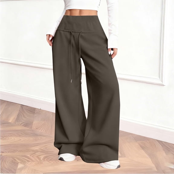 Womens Wide Leg Sweatpants High Waisted Drawstring Baggy Pants Workout Joggers Trouser with Pockets Brown M