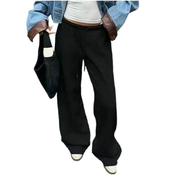 Womens Wide Leg Sweatpants Interior Sweat Pants with Pockets Elastic Waisted Lounge Casual Trousers Black S