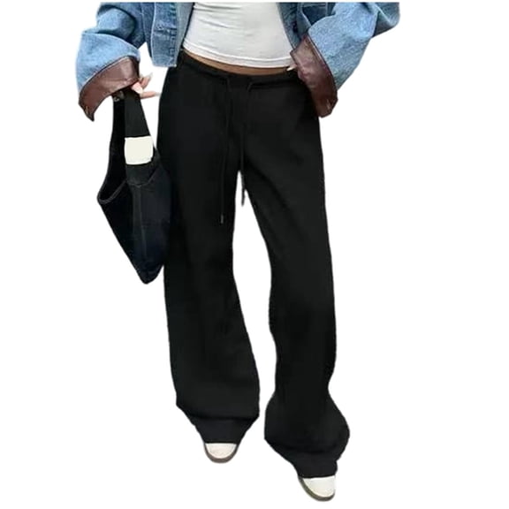 Womens Wide Leg Sweatpants Interior Sweat Pants with Pockets Elastic Waisted Lounge Casual Trousers Black S