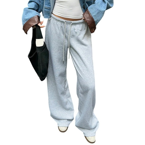 Womens Wide Leg Sweatpants Interior Sweat Pants with Pockets Elastic Waisted Lounge Casual Trousers Light Gray M