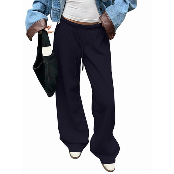 Womens Wide Leg Sweatpants Interior Sweat Pants with Pockets Elastic Waisted Lounge Casual Trousers Navy Blue M