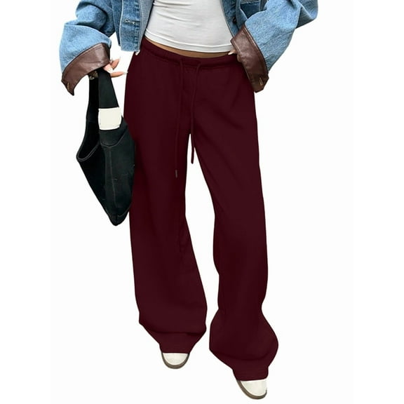 Womens Wide Leg Sweatpants Interior Sweat Pants with Pockets Elastic Waisted Lounge Casual Trousers Wine Red M