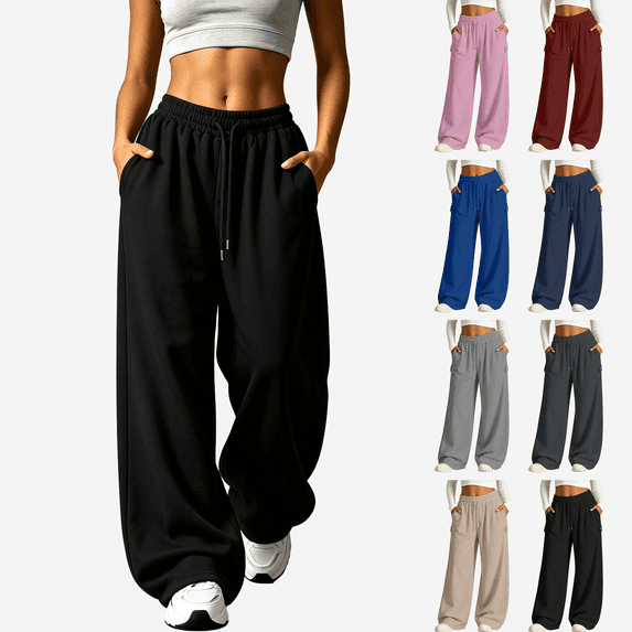 Womens Wide Leg Sweatpants, Mid Rise Elastic Drawstring Waist Loose Lounge Pants with Pockets, Active Fitness Sports Jogging Daily Wear | VerBelle,Pink XL