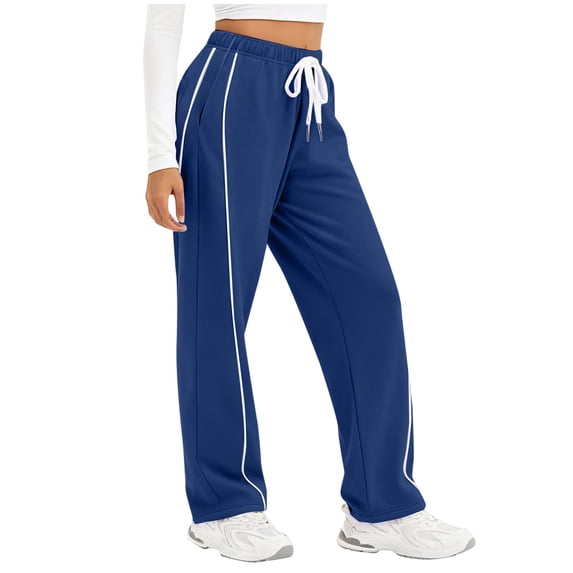 Womens Wide Leg Sweatpants Side Stripe Elastic Waist Drawstring Track Pants Gym Workout Blue L