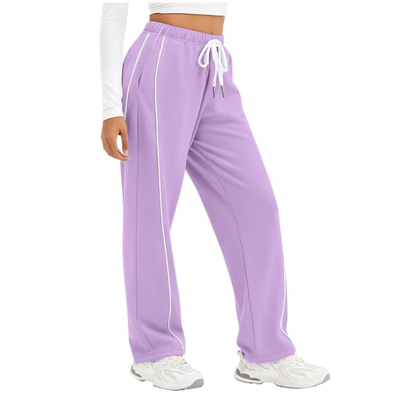 Womens Wide Leg Sweatpants Side Stripe Elastic Waist Drawstring Track Pants Gym Workout Purple M