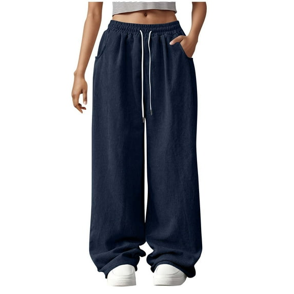Womens Wide Leg Sweatpants Solid Color Corduroy Cotton Long Pants Fall Winter High Waist Straight Loose Joggings Comfy Sport Trousers with Pockets
