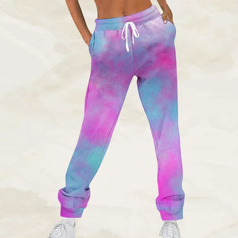 Womens Wide Leg Sweatpants Tie Dye Striped Polk Dots Drawstring 2024 Trendy Trousers High Waiste Casual Jogger Pants with Pockets Purple S Walmart