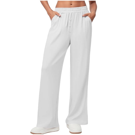 Womens Wide Leg Sweatpants with Pockets Elastic Waisted Lightweight Loose Casual Summer Beach Lounge Trousers (2XL, White)