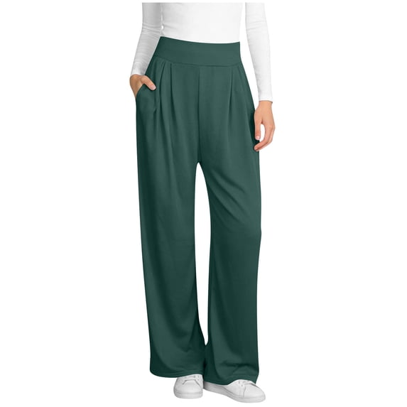 Womens Wide Leg Sweatpants with Pockets Solid Color Pleated Front High Waisted Soft Cotton Loose Long Pants (M, Green)