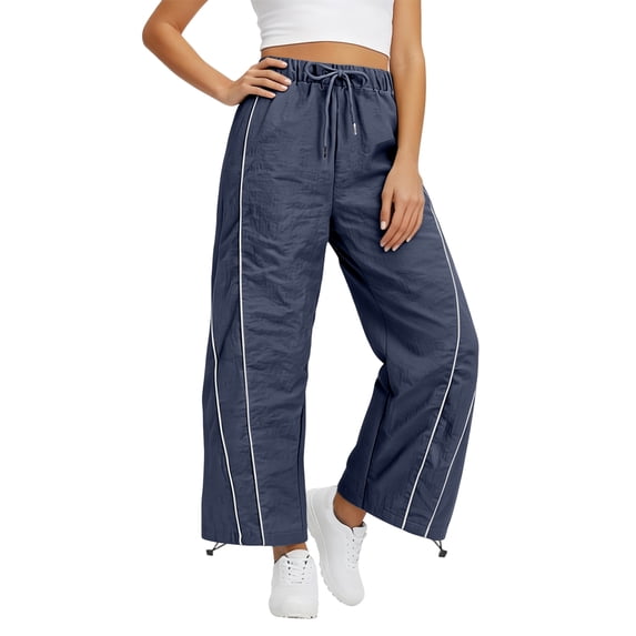 Womens Wide Leg Track Pants Drawstring High Rise Striped Elastic Waist Baggy Pants with Pockets Navy L