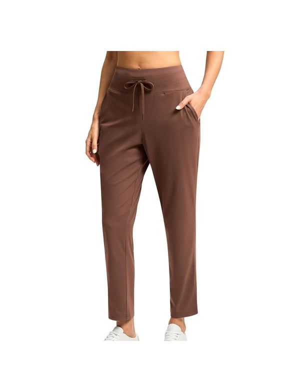 Womens Wide Leg Trousers High Waisted New Women's Casual Pants with Pockets High Waisted Stretch Ankle Pants Straight Leg Travel Athletic Work Trousers Brown L