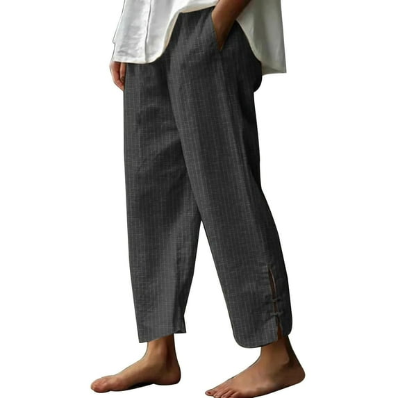 Womens Wide Leg Trousers New Womens Straight Leg Pant High Waisted Striped Trousers Casual Loose Fitted Side Slit Pants with Pockets Black L