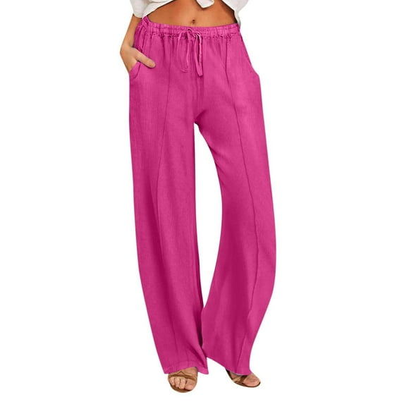 Womens Wide Leg Trousers Ribbed Elasticated Waist Drawstring Lounge Pants Loose Fit Plain Casual Trousers with Pockets Ladies Comfy Long Pants for Travel Vacation Holiday