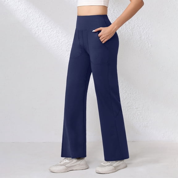Womens Wide Leg Yoga Pants Casual Work Dress Pants Lounge Sweatpants High Waist Comfy Loose Trousers with Pockets Navy L