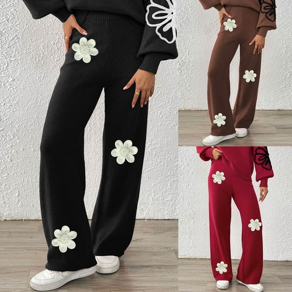 Womens Wide Leg Yoga Pants Knitted High Waisted Elasticated Casual Work Trousers Coffee M