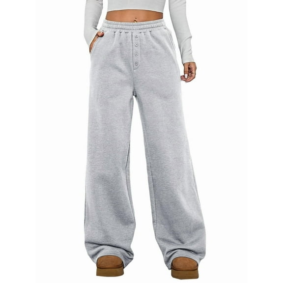 Womens Wide Legs Sweatpants Fleece Lined High Waisted Trendy Casual Athletic Joggers with Pockets Light Gray M