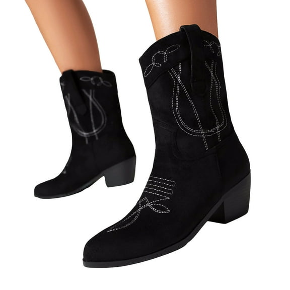 Womens Wide Mid Calf Cowboy Boots Winter Fall Casual Chunky Heeled Western Cowgirl Boots Suede Pointed Toe Short Horse Riding Boots