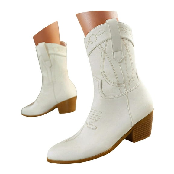 Womens Wide Mid Calf Cowboy Boots Winter Fall Casual Chunky Heeled Western Cowgirl Boots Suede Pointed Toe Short Horse Riding Boots