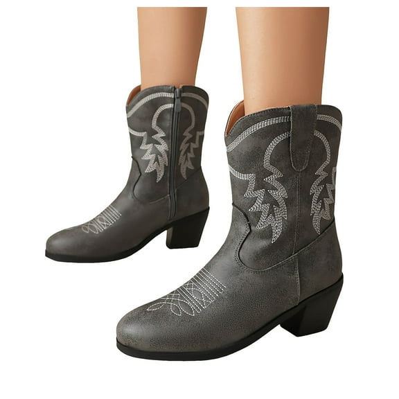 Womens Wide Mid Calf Cowboy Riding Boots Size Zipper Casual Leather Pointed Toe Cowgirl Dress Short Boots