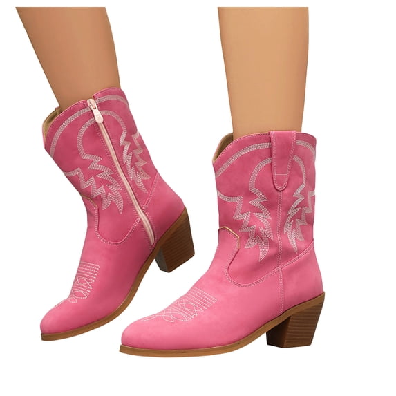 Womens Wide Mid Calf Cowboy Riding Boots Size Zipper Casual Leather Pointed Toe Cowgirl Dress Short Boots