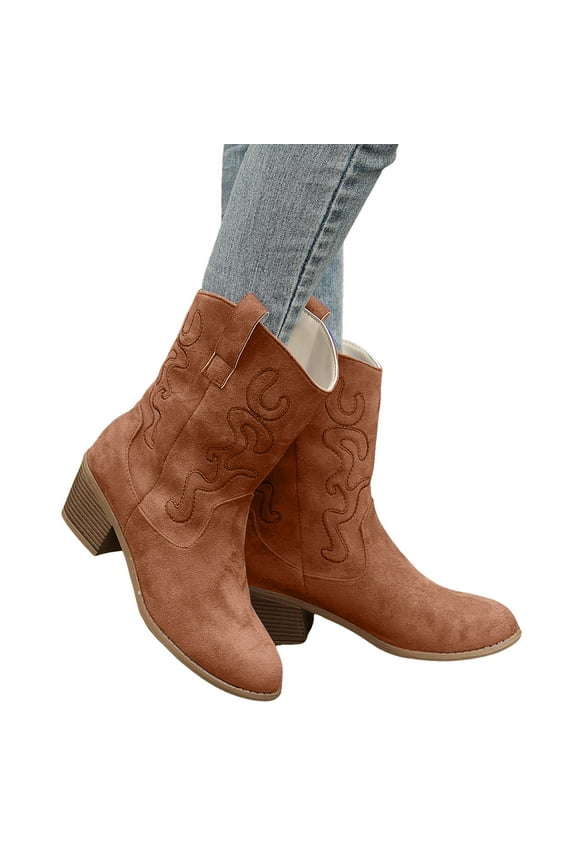 Womens Wide Mid Calf Cowgirl Boots Boho Vintage Suede Stacked Chunky Heeled Cowboy Riding Boots