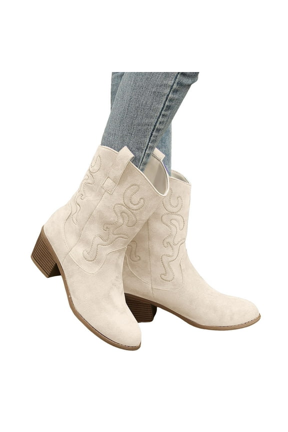 Womens Wide Mid Calf Cowgirl Boots Boho Vintage Suede Stacked Chunky Heeled Cowboy Riding Boots