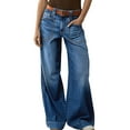 thumbnail image 1 of Womens Wide Straight Leg Mid Rise Baggy Pocket Denim Jeans Without Belt Blue XL, 1 of 9