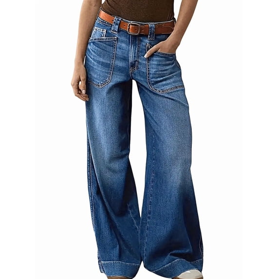 Womens Wide Straight Leg Mid Rise Baggy Pocket Denim Jeans Without Belt Blue XL