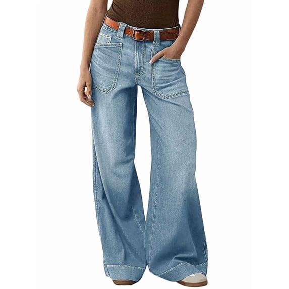 Womens Wide Straight Leg Mid Rise Baggy Pocket Denim Jeans Without Belt L
