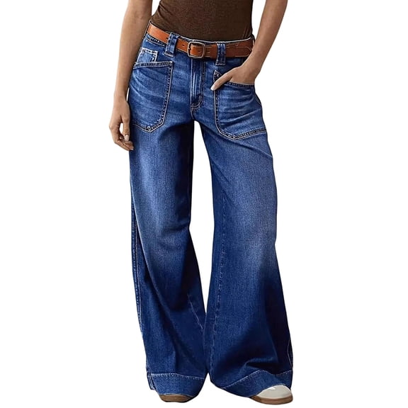 Womens Wide Straight Leg Mid Rise Baggy Pocket Denim Jeans Without Belt M