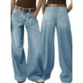 thumbnail image 1 of Womens Wide Straight Leg Mid Rise Baggy Pocket Denim Jeans Without Belt S, 1 of 8