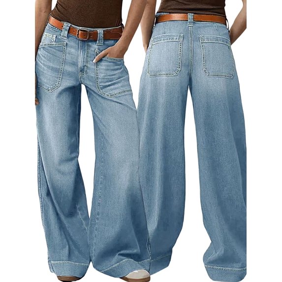 Womens Wide Straight Leg Mid Rise Baggy Pocket Denim Jeans Without Belt S