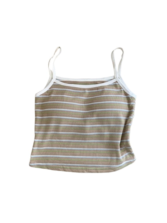 Womens Wide Tank Tops Summer New Women's Striped Camisole Top with Bra Spaghetti Strap Slim Fits Tank Tops Summer Comfy Basic Cami Tops Outer Wear Khaki One Size