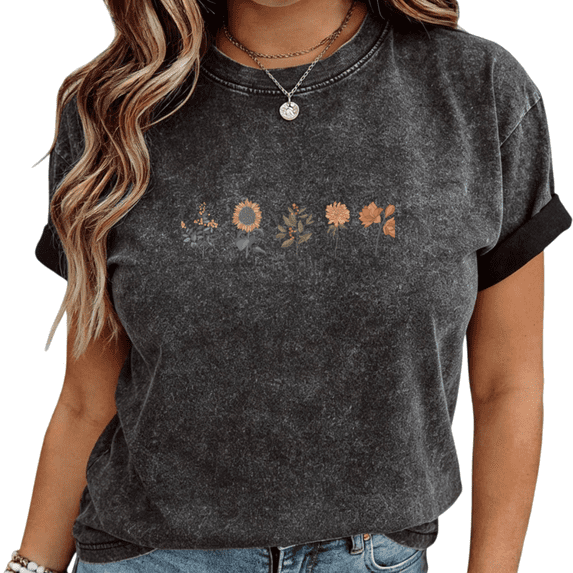 Womens Wildflower Print Tshirt Graphic Tees Shirts Washed Charcoal Cottagecore Casual Daily Wear Gift Tops S-2XL