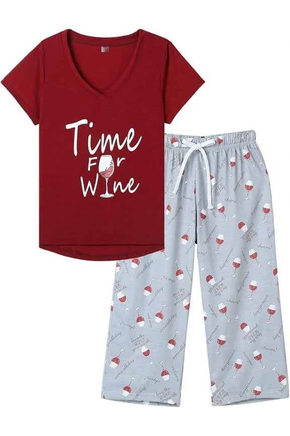 Womens Wind Red V-Neck Pajama Set With Wine Glass Print Capri Sleep Pants