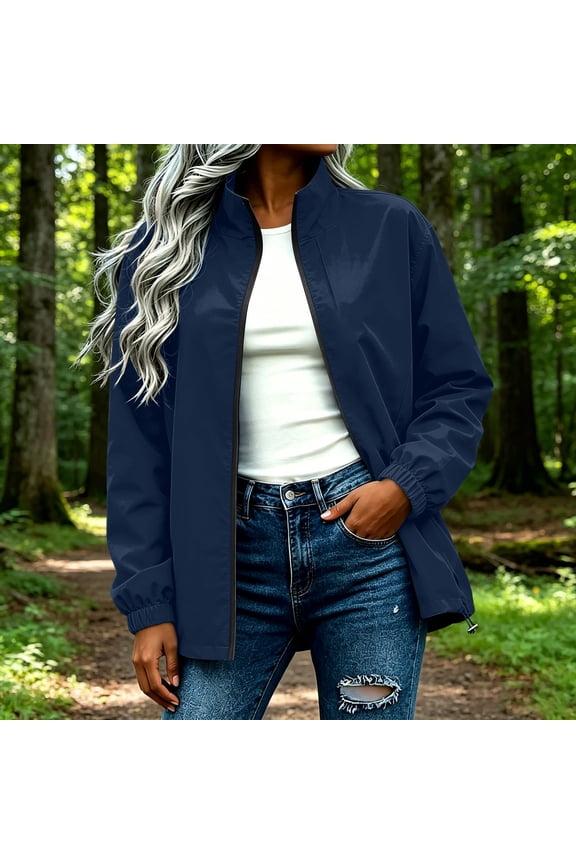 Womens Windbreaker Jacket Stand Collar Full Zip Elastic Cuff Adjustable Hem Lightweight Coat for Daily Casual Outdoor Wear Navy Light Spring Fall Jacket for Women XL