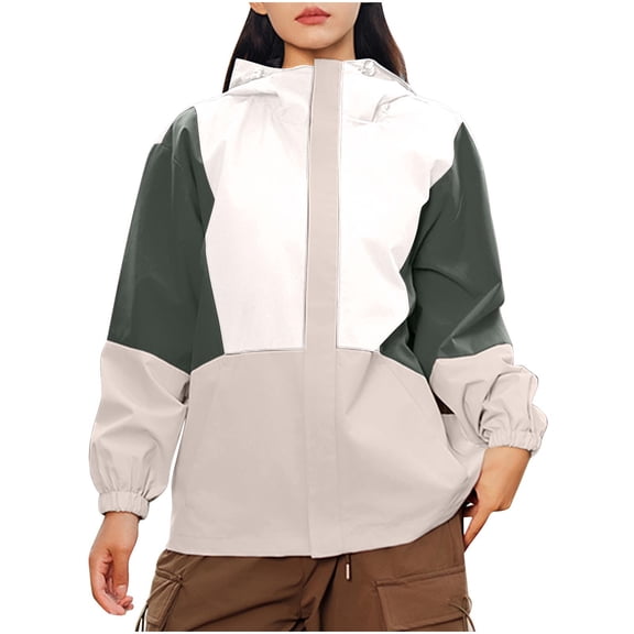 Womens Windbreaker Jacket with Hood Western Color Block Waterproof Raincoat Outdoor Hiking Zipper Hooded Jackets Khaki, 2XL