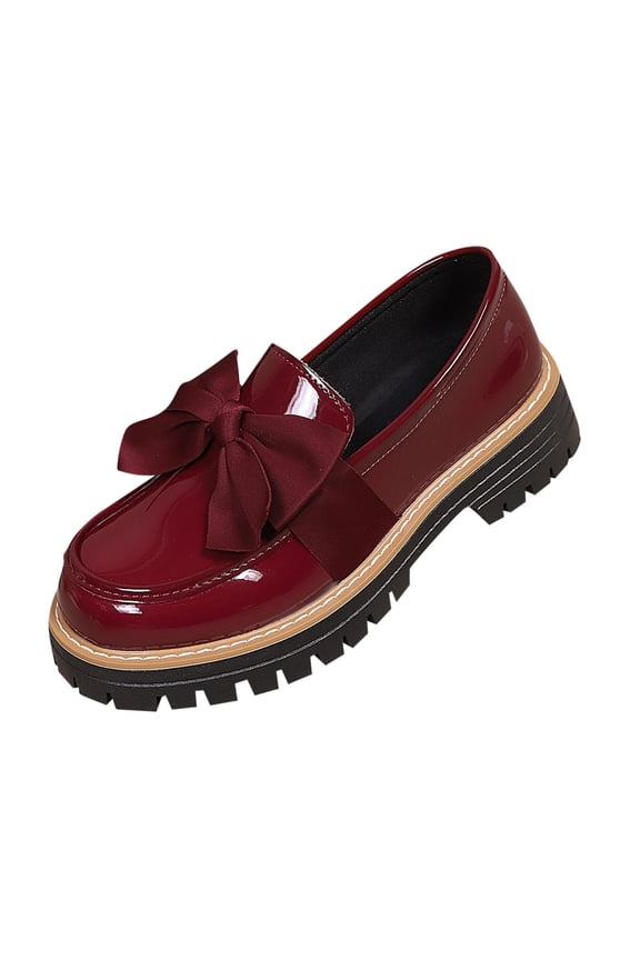 Womens Wine Platform Loafers Slip On Chunky Sole Vegan Faux Leather Shoes with Bow Casual Comfort,Size 6