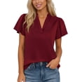 thumbnail image 1 of Womens Wine Red Blouse Ruffle Sleeve V-Neck Top Soft Stretch Casual Shirt Polyester Spandex Office Wear Plus Size,Size S, 1 of 7